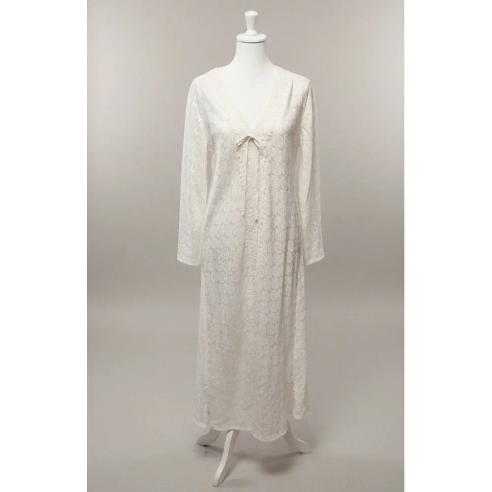 Oscar De La Renta Satin V-Neck Nightgown Lace Trim Long Ivory Sleepwear XS - Picture 1 of 5